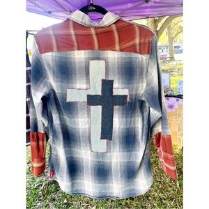 Cross Upcycled Plaid Shirt Hand Designed Unisex OOAK Blue Red Contrast Size Med